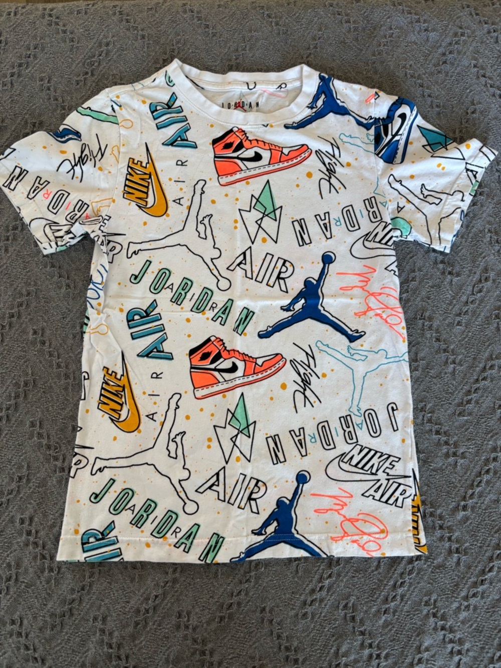 Jordan Kids White Graphic Tee with Multicolor Sneaker Prints